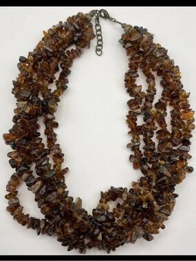 Amber Chip Multi Strand Necklace Honey Cognac Boho Chunky Statement
